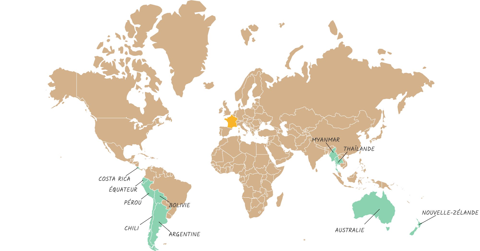 Carte du monde avec les pays que nous voulons visiter : Myanmar, Thaïlande, Australie, Nouvelle-Zélande, Costa Rica, Chili, Argentine, Bolivie, Pérou et Équateur