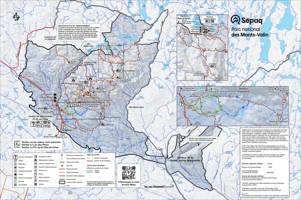 la carte des activités d'hiver du parc national des Monts-Valin